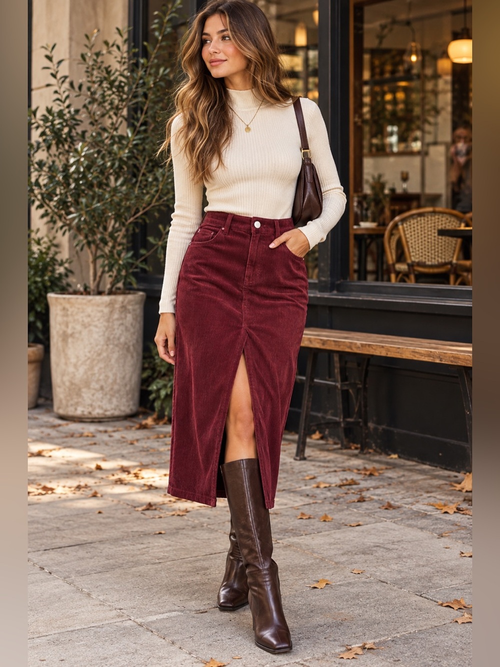 Lulus NWT Burgundy Corduroy Midi Skirt L Academia Work Office Slit Quiet Luxury